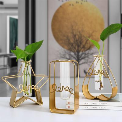 China Modern Nordic Hydroponic Multi Pot Design Multi Plant Pot Flower Test Pot Flower Pot Gold Metal Decor Metal Framed Home Vase for sale