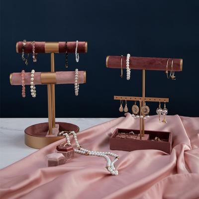 China Simple Watch Strap Jewelry Display Stand Velvet T Bar Watch Bracelet Display Rack With Storage Tray for sale