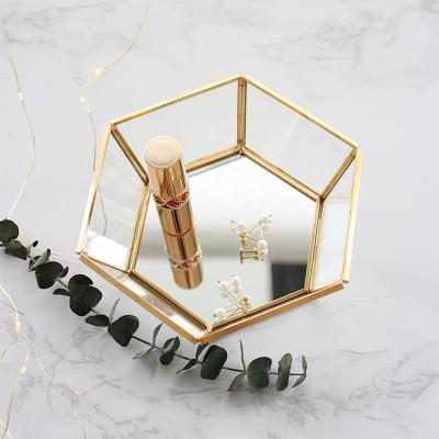 China Jewelry Display & Decoration Metal Hexagonal Jewelry Ring Holder Tray With Golden Finishing And Mirror Glass Base for sale