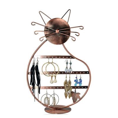 China Handmade Cat Shape Copper Color Metal Wire Jewelry Organizer Earring Holder Display Stand for sale