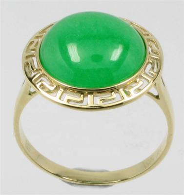 China CLASSIC Solid 14K Yellow Gold Round Green Jade Jadeite Ring for sale