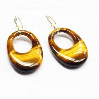 China CLASSIC 14K Yellow Gold Solid Tiger Eye With Diamond Dangling A Vanish Go Earrings for sale