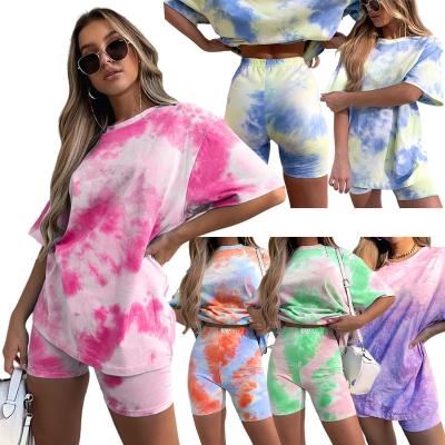 China 2021 Breathable Custom Logo Womens Clothing Sets Fashionable Tie Dye Gradient Casual T-shirt Loose Shorts Two Piece Crop Set for sale