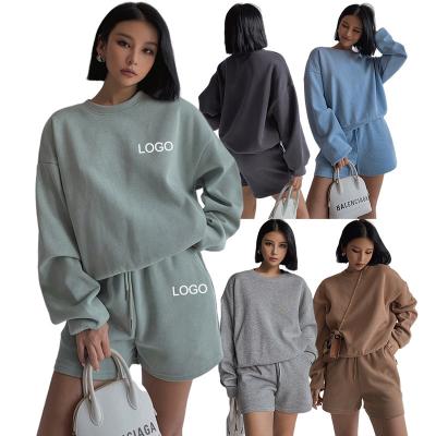 China 2021 summer high quality custom anti-pilling casual cotton 2 pieces set women sweatshirt and shorts two piece short set women clothing for sale