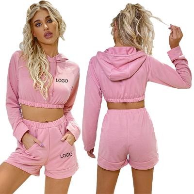 China Breathable Custom Logo Hoodies Crop Top Joggers Set Women Shorts Tracksuits 2 Piece Set Tracksuit With Hoodie for sale