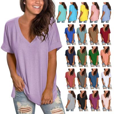 China Wholesale Rolled Sleeve Side Split Tunic Anti-wrinkle Tops Women T-shirt V Neck Spandex Fabric Causal Shirts for sale