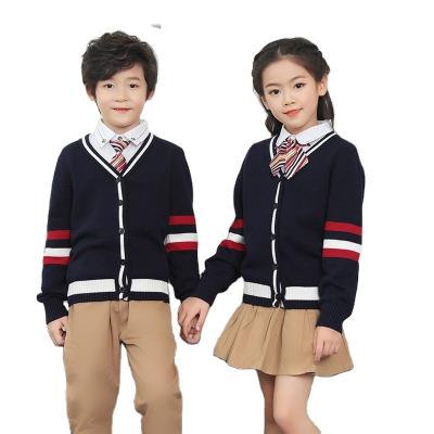 China British school uniform preppy sweater Anti-wrinkle style stripe 100% cotton unisex cardigan knitted custom knitwear for boys and girls for sale