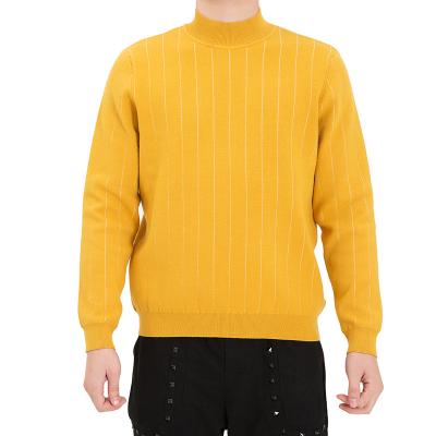 China OEM Casual Style Gold Color Nylon Jacquard Bright Yellow Sweaters Young Men Knitting Stripes Fake Neck Mens Pullover Sweater for sale