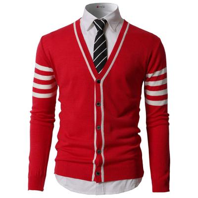 China Men's Clothing Knitted Vintage V-neck Cotton OEM Anti-Shrink Cardigan Design Single Breasted Leisure College Sweater Cardigan With Stripes for sale