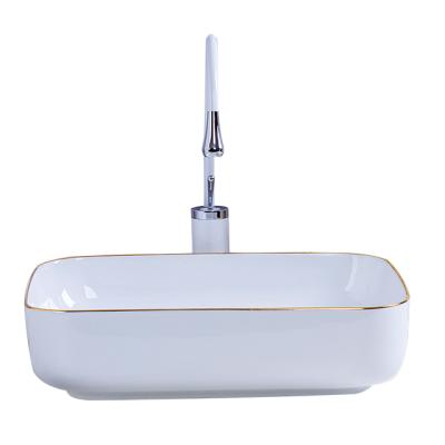 China Factory Wholesale Jingdezhen Strong Quality And Beauty Above Counter Basin Large Rectangular White With Gold Balance Ceramic Bathroom Sink Sink for sale