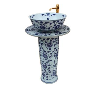 China Bathroom Blue Hand Painted Chinese Style Pedestal Sink Hand Painted And White Wash Basin Sanitary Ware for sale