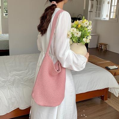 China Fashion sweet wind shoulder bag women set the trend wide shoulder strap Macaron color woven large capacity bag women for sale