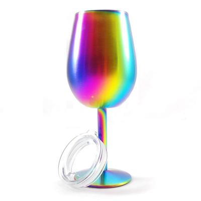 China 10oz Rainbow Electroplated Double Wall Stainless Steel Vacuum Wine Glass Goblet Non-breakable Stemless Plating Wine Glass for sale