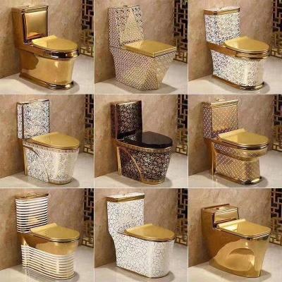 China Modern Luxury Gold Wall Mounted Rimless Toilet Wash Down Gold WC Ceramic Floor Standing Toilet Bowl for sale