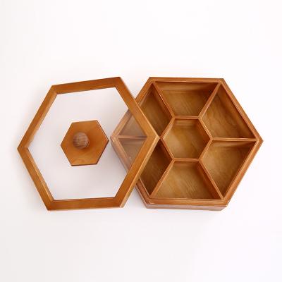 China Living room kitchen factory direct sales hexagonal solid wood nut storage box, divided rack with wooden lid for sale