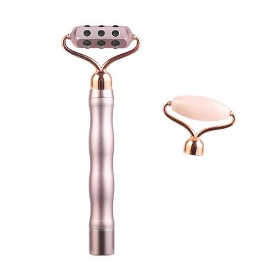 China Anti-puffiness 2-IN-1 Jade Roller Facial Massager Electric Vibrating Rose Quartz Roller for sale