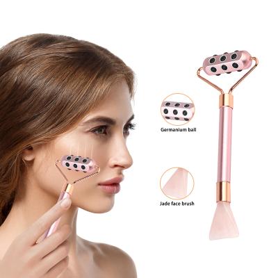 China Anti-Puffiness Rose Quartz Roller Natural Jade Massager For Face Germanium Anti Aging Facial Roller With Brush for sale