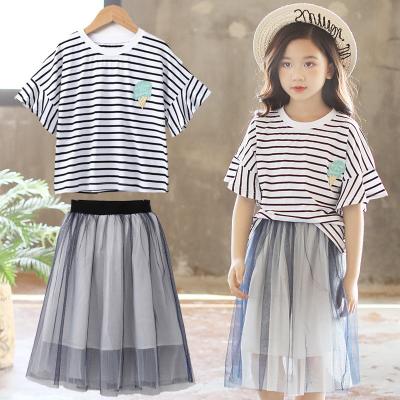 China 2021 Summer Sweet Flare Sleeves Striped Shirt Lovely Lace Pattern Skirt Kids Summer Dress Sets for sale