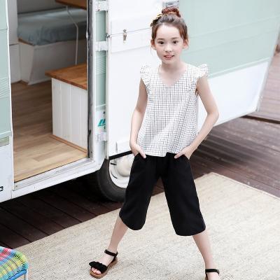 China Kid Girls Summer Fashion Lattice Sleeveless V-Collar Cotton T-Shirt Anti-Shrink for sale