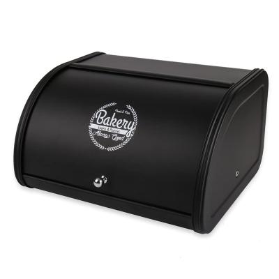 China Sustainable Vintage Bread Bin Kitchen Bread Pastries Storage Container Black Metal Bread Bin With Roll Top Lid for sale