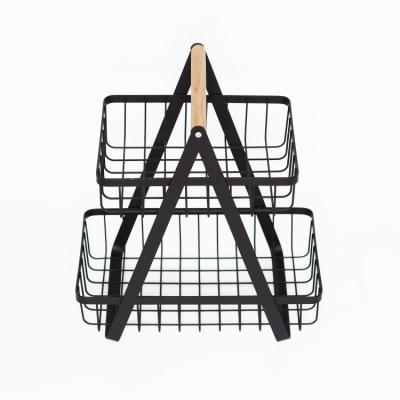 China Sustainable Portable Double Layer Fruit Basket And Vegetable Basket With Bamboo Handle for sale