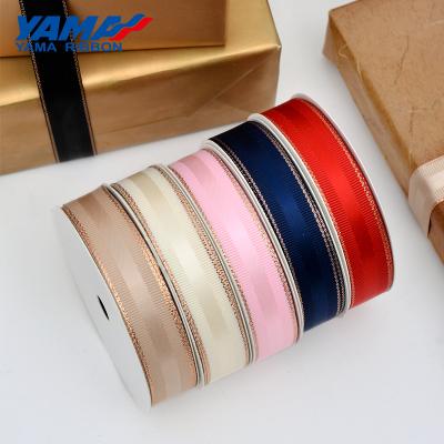 China Factory 9-38MM widths high tenacity YAMA gold grosgrain edge black pink satin ribbon for gifting for sale