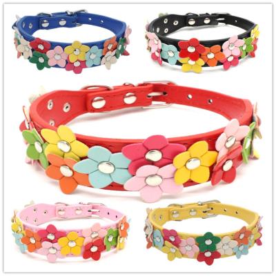 China Viable Hot Selling Dog Collar Double Row PU Small Flower Leather Colorful Pet Collar Dog Collar for sale