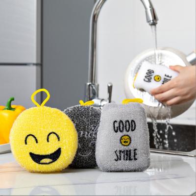 China Viable Quick Sponge High Density Household Tableware Brush Embroidery Needle Smile Cleaning Sponge for sale