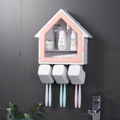 China Wall Mount Bathroom Toilet Toothpaste Toothbrush Cup Holder Creative Hanging Shelf Set Te koop