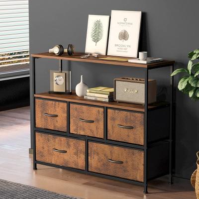 China Modular Wide Dresser Storage Tower with 5 Pull Cloth Bin Organizer Unit Living Room Foldable Easy Dresser for sale