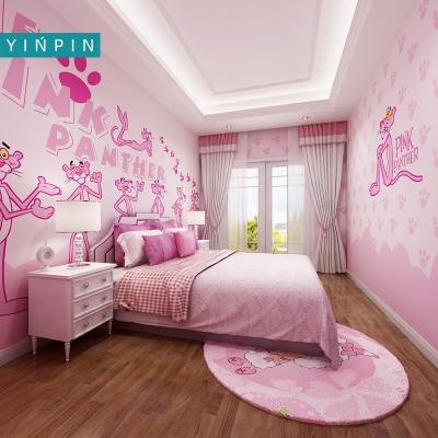 China Custom Waterproof+ECO-Friendly Hot Pink Panther Cartoon Mural Wallpaper For Kids Room for sale