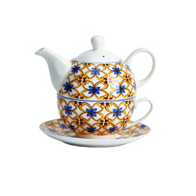 China Viable Ceramic Porcelain Plated Gold Italian Teapot with Cup and Saucer Decal Bone China Coffee Tea Set New for sale