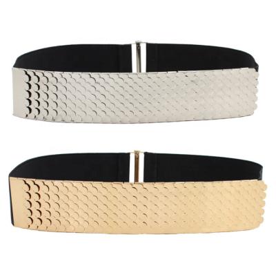 China Fish Scale Lady Elastic Mirror Metal Sexy Thin Layer Bling Gold Metallic Belt For Women for sale