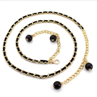 China Hook Circled Leather Bracelet Women Skinny Leather Curb Metal Hook Chain Waist Ladies Bead Gold Chain Belt For Dress for sale