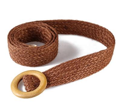 China Custom Woven PP Jute Braided Wooden Buckle Women Woven Hemp Belt For Ladies Dress for sale