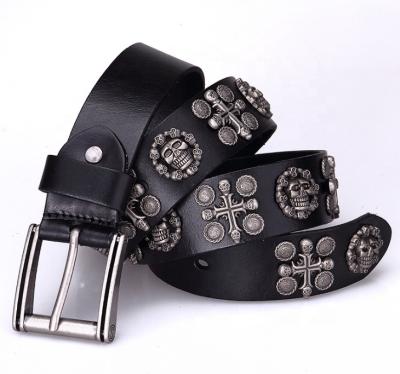 China Cowgirl cowhide grain cowhide punk Western Top skull studded cowboy studded skull genuine leather belt for sale