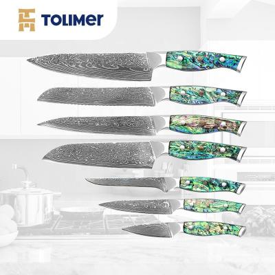 China Wholesale 7 pcs 9CR14 movements durable abalone steel handle resin+430 damascus steel knife set for sale