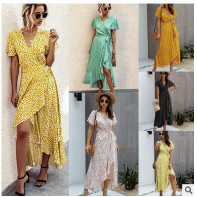 China 2022 summer spring anti-static sexy dress polka dots maxi ruffles v neck short sleeve women's casual long dress for sale