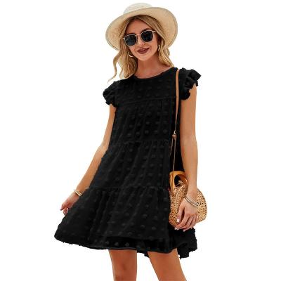 China 2022 Spring Anti-Static Summer Pleated Sleeves Jacquard Dress Sleeveless Crew Neck Women Soft Casual Dress for sale