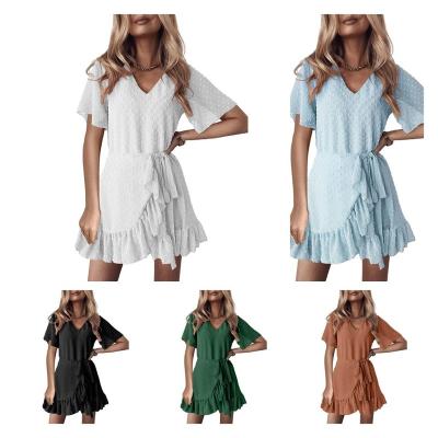 China 2022 spring summer jacquard belt anti-static short sleeve dress v neck jacquard belt women soft casual dress for sale