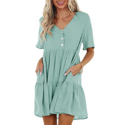 China 2022 spring anti-static summer sweater loose dress with button v neck women soft casual dress for sale