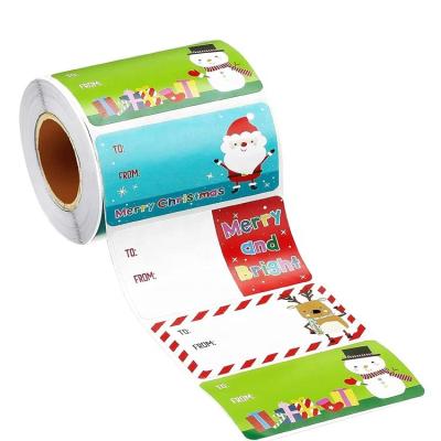 China Self Adhesive Custom Christmas Gift Tag Sticker Roll Christmas Santa Claus Stickers Self Adhesive Christmas Tags for sale