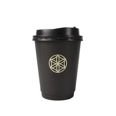 China Disposable Disposable All Black Inner Sleeve Custom Logo Stamping Double Wall Coffee Paper Cups With Lids for sale