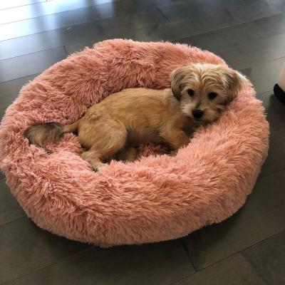 China Flaumiger Brown-rosa Antiangst-Hund betten 50cm 60cm 70cm Durchmesser-Hundematratzen-Bett-beruhigenden Hundebett-Donut Cat Bed zu verkaufen