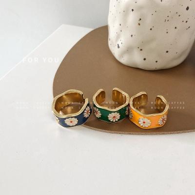 China Cute Chrysanthemum Seal Enamel Open Rings Adjustable Gold Plated Brass Colorful Enamel Ring for sale