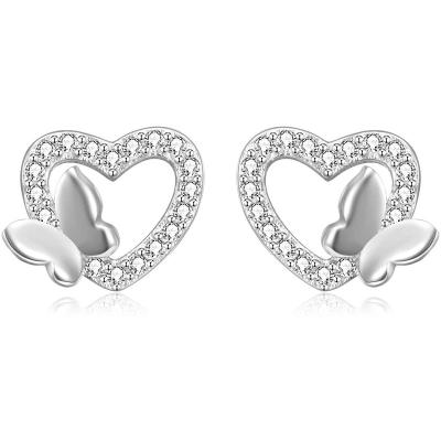 China Fashionable Landy Jewelry Butterfly Heart Shaped Earrings 925 Silver Diamond Stud Heart Earring for sale