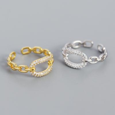 China 925 Sterling Silver Micro Paved Zircon FASHION Shiny Oval Chain Open Rings for sale