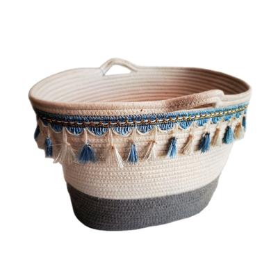 China Sustainable Decorative Macrame Cotton Rope Storage Basket with Hanles for sale