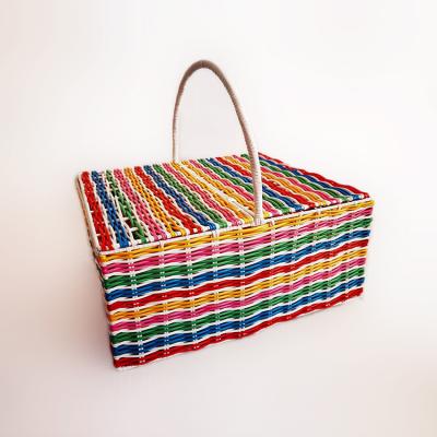 China Sustainable PP Woven Storage Basket With Handle And Double Lids Picnic Basket for sale