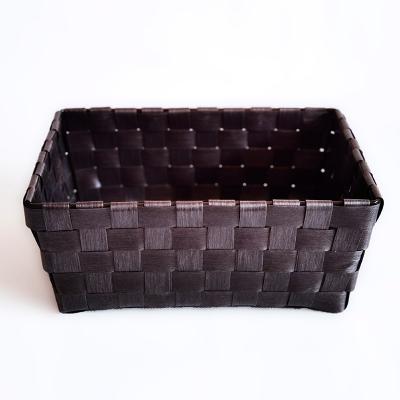 China Sustainable Brown PP Strap Woven Storage Baskets For Household And Office With Leather Handle for sale